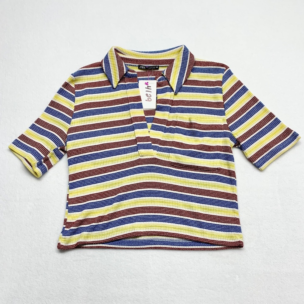 Zara Striped Ribbed Knit Polo Shirt Womens Size M Multicolor Retro Y2K V-Neck